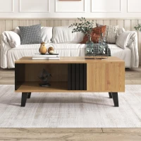 Stylish Coffee Table with Practical Storage and Wood‑Coloured Surface, Divided-Storage Tea Table with Wood Legs, 100L x 60W x 45H cm, Black+Wood(m-4)