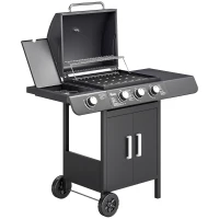 Outsunny Barbecue a Gas con Coperchio, 4 Bruciatori da 11.6kW, Fornello, Mensola e 2 Ruote, 110x50x100cm Nero(m-1)