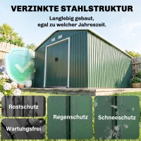 Outsunny Geräteschuppen, Wetterfestes Gartenhaus für Gartengeräte, mit Belüftungsfenstern, Schiebetüren, Stahl, Braun(m-4)