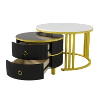 2-In-1 Round Coffee Table Set with High-Gloss Tops, Space-Saving Center Table Set with 2 Drawers, 70L x 70W x 46H cm, White+Black(m-9)