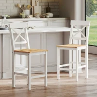 HOMCOM Barhocker 2er Set Barstuhl aus Kiefernholz mit Fußstütze, Lehne, Landhaus-Stil für Küche, Wohnzimmer, Natur(m-9)