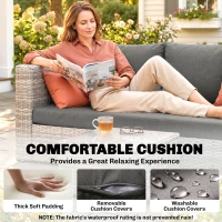 Outsunny 3 Pieces Outdoor PE Rattan Corner Sofa Set with Cushions - Garden Conversation Chaise Lounge Furniture, Includes Glass Top Coffee Table and Two Pillows, Grey(m-5)