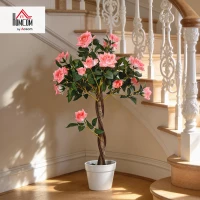Outsunny 90cm/3FT Artificial Rose Tree Fake Decorative Plant w/ 21 Flowers Pot Indoor Outdoor Faux Decoration Pink & Green(m-10)
