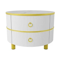 2-In-1 Round Coffee Table Set with High-Gloss Tops, Space-Saving Center Table Set with 2 Drawers, 70L x 70W x 46H cm, White(m-6)