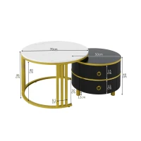 2-In-1 Round Coffee Table Set with High-Gloss Tops, Space-Saving Center Table Set with 2 Drawers, 70L x 70W x 46H cm, White+Black(m-3)