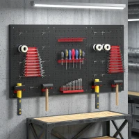 HOMCOM Lagersystem Wandregal 60 x 40 cm, 28 stck. Schüttenregal mit Haken Ablagefächern, Werkstattregal, Schwarz+Rot(m-2)