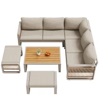 Modern Garden Corner Sofa Set with High‑Density Foam Cushions, Weatherproof Outdoor Set for 6-7 People, 120L x 65W x 66.5H cm, Beige(m-9)