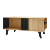 Stylish Coffee Table with Practical Storage and Wood‑Coloured Surface, Divided-Storage Tea Table with Wood Legs, 100L x 60W x 45H cm, Black+Wood(m-11)
