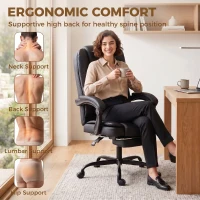 HOMCOM Chaise de bureau ergonomique, fauteuil de bureau inclinable en pu avec repose-pieds rétractable, hauteur réglable, noir(m-4)