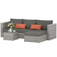 Outsunny 3 Pieces Outdoor PE Rattan Corner Sofa Set with Cushions - Garden Conversation Chaise Lounge Furniture, Includes Glass Top Coffee Table and Two Pillows, Grey(m-12)