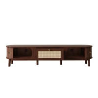Walnut TV Cabinet with Solid Wood Doors and Handwoven Rattan Drawers, Sliding-Door TV Stand with Solid Wood Legs, 170L x 39.5W x 38H cm, Walnut(m-2)