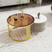 2-In-1 Round Coffee Table Set with High-Gloss Top and Tempered Glass, Space-Saving Center Table Set with 2 Drawers, 70L x 70W x 45H cm, Grey+Brown(m-4)