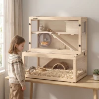 PawHut Wooden Hamster Cage with Hut, Wheel, Ramps, Removable Viewing Panels, 80 x 50 x 84 cm, Natural(m-2)