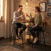 HOMCOM Space Saving Bar Table and PU Leather Stools for 2, 3 Piece Breakfast Bar Table Set with Storage Shelves, Rustic Brown(m-9)