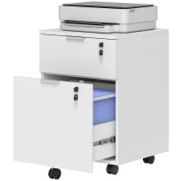 HOMCOM Bloco de Gavetas de Escritório Móvel de Arrumação 2 Gavetas 2 Varões para Pastas Suspensas Trancável com 2 Chaves 42x40x60 cm Branco(m-7)