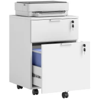 HOMCOM Bloco de Gavetas de Escritório Móvel de Arrumação 2 Gavetas 2 Varões para Pastas Suspensas Trancável com 2 Chaves 42x40x60 cm Branco(m-6)