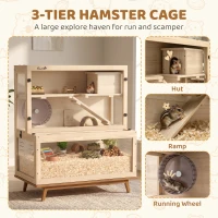 PawHut Wooden Hamster Cage with Hut, Wheel, Ramps, Removable Viewing Panels, 80 x 50 x 84 cm, Natural(m-4)