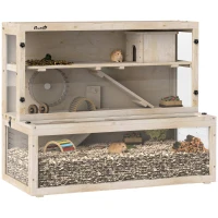 PawHut Wooden Hamster Cage with Hut, Wheel, Ramps, Removable Viewing Panels, 100 x 50 x 84 cm, Natural Wood(m-10)