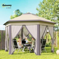 Outsunny Hexagon Garden Gazebo - Pop Up Outdoor Patio Double Roof Instant Shelter with Netting, 3 x 4m, Beige(m-2)