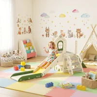 AIYAPLAY Toboggan pour Enfant Pliable 4-en-1 avec Escalade, Panier de Basket, Espace de Rangement et Ballon, Crème(m-10)