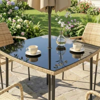 Outsunny 4 Seater Rattan Dining Set with Parasol, 6 Piece Garden Table and Stackable Chairs with Tempered Glass Tabletop(m-10)