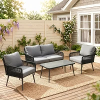Outsunny Rattan Garden Furniture Set, 4 Piece Outdoor Patio Furniture with Tempered Glass Table and Chairs, Indoor Balcony Conservatory Set(m-10)