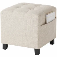 HOMCOM Small Ottoman, Square Footstool with Side Pocket, Rubber Wood Legs and Padded Seat for Living Room, Beige(m-9)