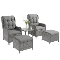 Outsunny 5 Pieces Rattan Bistro Set with Adjustable Back, Reclining Wicker Balcony Furniture with Cushions, Glass Top Coffee Table and Footstools, Outdoor Table and Chairs, Light Grey(m-10)