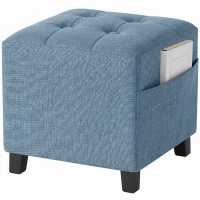 HOMCOM Small Ottoman, Square Footstool with Side Pocket, Rubber Wood Legs and Padded Seat for Living Room, Dark Blue(m-10)