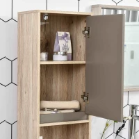 HOMCOM Narrow Bathroom Cabinet, Slim Bathroom Storage Unit with Open Compartment, Freestanding Storage Cupboard with Adjustable Shelves for Small Spaces, 30 x 24 x 170 cm, Grey and Oak(m-10)