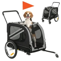 PawHut 2-In-1 Pet Bike Trailer Dog Stroller Pushchair with Universal Wheel Reflector Flag Grey(m-10)