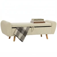 HOMCOM Panca Contenitore 73 L, Cassapanca Imbottita in Velluto a Coste con Braccioli e Gambe in Legno di Hevea, Beige(m-8)