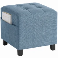 HOMCOM Small Ottoman, Square Footstool with Side Pocket, Rubber Wood Legs and Padded Seat for Living Room, Dark Blue(m-11)