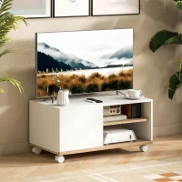 HOMCOM Board TV pe roți cu frâne, mobilier TV cu dulap și raft reglabil, Alb și Stejar(m-2)