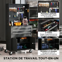 HOMCOM Servante d'atelier en acier à 3 tiroirs, chariot à outils sur roulettes, étagère réglable, panneau perforé, noir(m-4)
