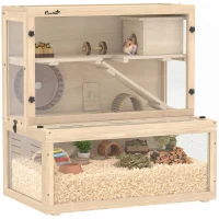 PawHut Wooden Hamster Cage with Hut, Wheel, Ramps, Removable Viewing Panels, 80 x 50 x 84 cm, Natural(m-10)