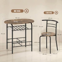 HOMCOM Set de sufragerie 3 piese, masă de bucătărie și scaune pentru 2 persoane cu raft, living, aspect lemn maro rustic(m-3)