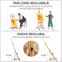 Vinsetto Șevalet Pictură Pliabil cu Roți, pentru Pânze, din Fag, Reglabil, pentru Studio, Artiști, Pictori(m-4)