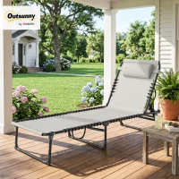 Outsunny Foldable Sun Lounger, Outdoor 4 Level Adjustable Backrest Reclining Chaise Chair, Steel Frame Recliner Chair for Camping, Hiking, Cream White(m-2)