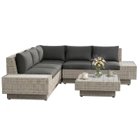 Outsunny 4 PCs Rattan Garden Furniture Outdoor Sectional Corner Sofa and Coffee Table Set - Conservatory Wicker Weave Furniture with Armrest and Cushions, Light Grey(m-14)