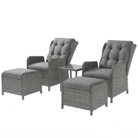 Outsunny 5 Pieces Rattan Bistro Set with Adjustable Back, Reclining Wicker Balcony Furniture with Cushions, Glass Top Coffee Table and Footstools, Outdoor Table and Chairs, Light Grey(m-11)