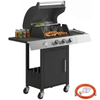 Outsunny Barbacoa de Gas con 3 Quemadores 8,1 kW Termómetro Parrillas Mesas Laterales Armario y Ruedas 109x50x109 cm Negro(m-10)
