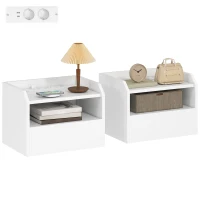 HOMCOM Juego de 2 Mesitas de Noche Flotantes con Estación de Carga Cajón Estante Abierto 40x29x29 cm Blanco(m-10)