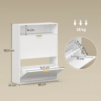 HOMCOM Pantofar îngust cu 2 compartimente rabatabile și suprafață de depozitare pentru hol și intrare, Alb(m-3)