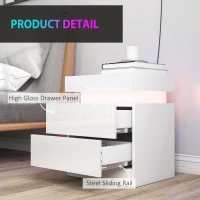 HOMCOM White Bedside Table with LED Light, High Gloss Front Nightstand with 2 Drawers, for Living Room, Bedroom, Set of 2(m-7)