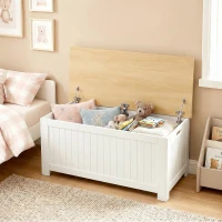 HOMCOM Cufăr de depozitare 90 L cu capac Cufăr versatil cu balama de siguranță 80,5x40x46,4 cm Natural și Alb(m-4)