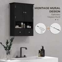 kleankin Armoire murale de salle de bain, armoire de toilette, avec portes, étagère, 2 tiroirs, 50,8l x 17,8P x 66H cm, noir(m-5)
