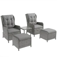 Outsunny 5 Pieces Rattan Bistro Set with Adjustable Back, Reclining Wicker Balcony Furniture with Cushions, Glass Top Coffee Table and Footstools, Outdoor Table and Chairs, Light Grey(m-1)