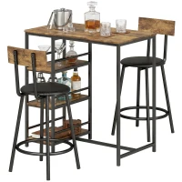 HOMCOM Space Saving Bar Table and PU Leather Stools for 2, 3 Piece Breakfast Bar Table Set with Storage Shelves, Rustic Brown(m-11)