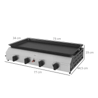 Outsunny Plancha a Gas con 4 Bruciatori 9,6 kW in acciaio inox smaltato, 77x44.5x19 cm, Argento(m-3)